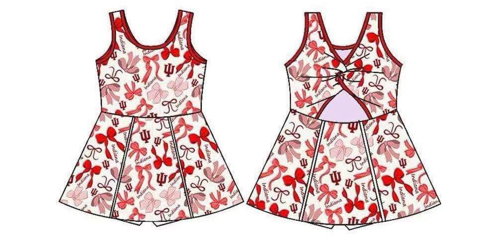 (Custom Design Preorder MOQ 5) Team's UI Indiana Red Bows Print Shorts Skirts Girls Summer Yoga Dress