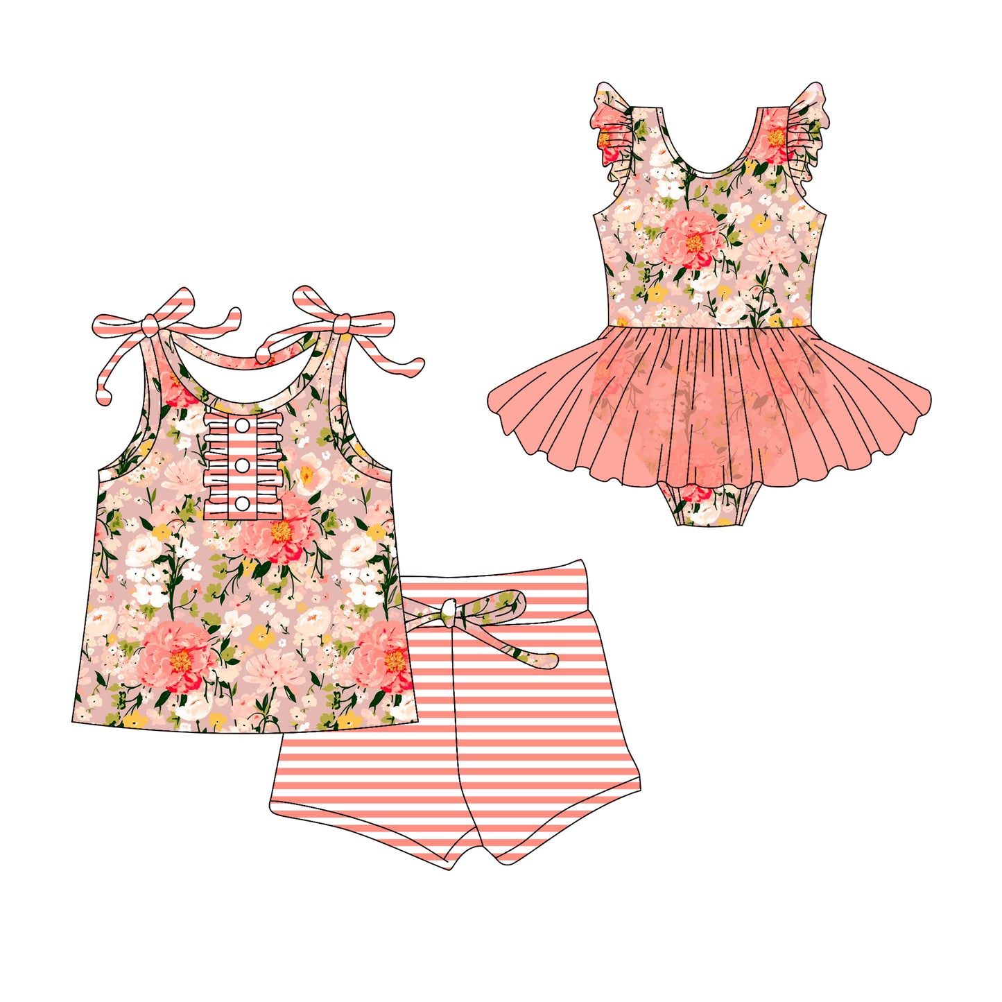 3.10(Custom Design Preorder MOQ 5 Each Design) Flowers Pink Print Girls Summer Matching Clothes Sisters Wear