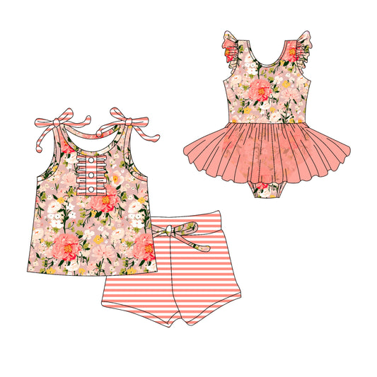 3.10(Custom Design Preorder MOQ 5 Each Design) Flowers Pink Print Girls Summer Matching Clothes Sisters Wear