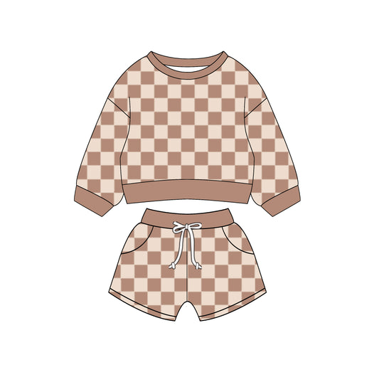(Custom Design Preorder MOQ 5) Brown Plaid Long Sleeve Top Pockets Shorts Girls Clothes Set