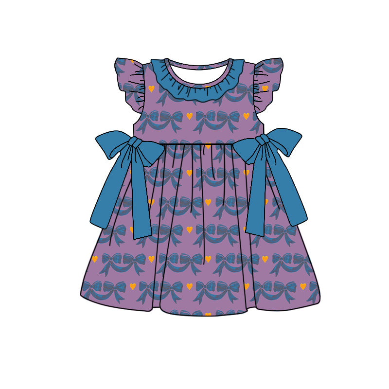 (Custom Design Preorder MOQ 5) Bows Blue Purple Print Girls Summer Knee Length Dress