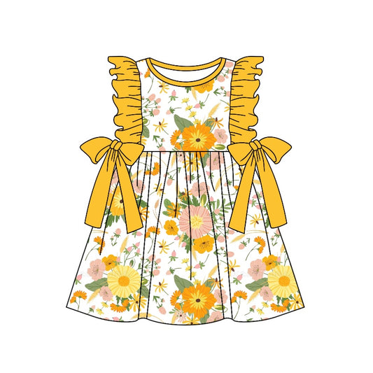 (Custom Design Preorder MOQ 5) Yellow Flowers Print Girls Knee Length Summer Dress