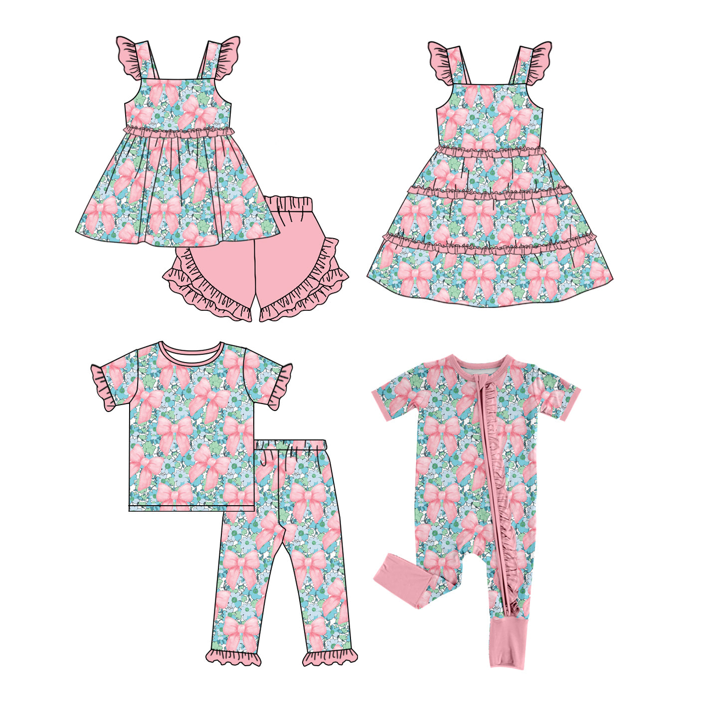 11.11(Custom Design Preorder MOQ 5 Each Design) Flowers Bows Print Kids Summer Matching Clothes Sisters Wear