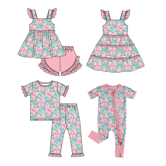 11.11(Custom Design Preorder MOQ 5 Each Design) Flowers Bows Print Kids Summer Matching Clothes Sisters Wear