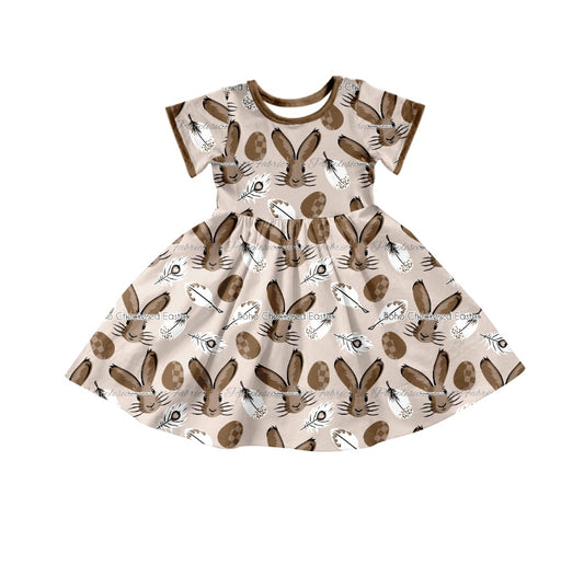 (Custom Design Preorder MOQ 5) Brown Bunny Egg Girls Knee Length Easter Dress