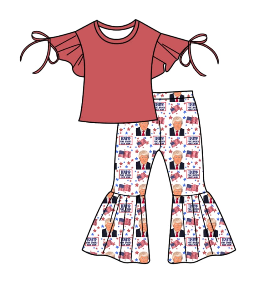 (Custom Design Preorder MOQ 5) Red Top TRUMP Flags Bell Pants Girls Clothes Set