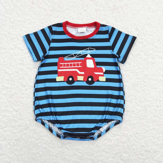 SR0836 Blue Stripes Fire Truck Print Baby Boys Summer Romper