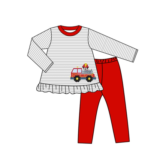 (Custom Design Preorder MOQ 5) Fire Truck Print Girls Clothes Set