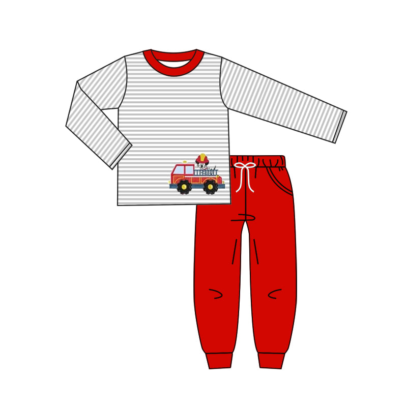 (Custom Design Preorder MOQ 5) Fire Truck Print Boys Clothes Set