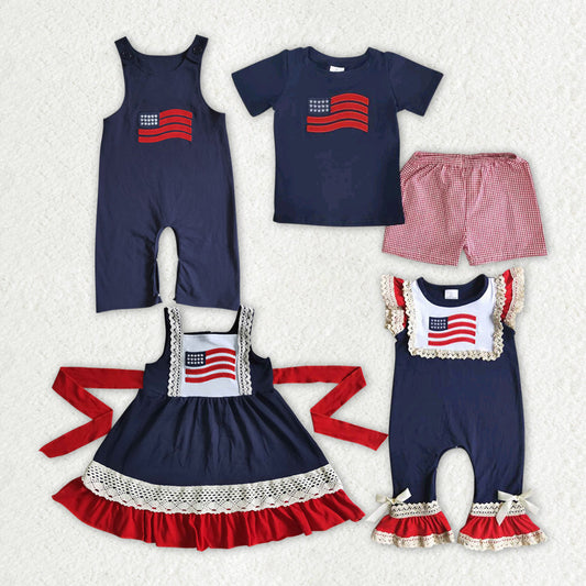 Flag Embroidery Navy Sibling 4th of July Matching Clothes