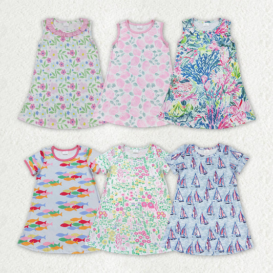 Flowers Print Girls Summer Fashion Knee Length Dress Sisters Wear