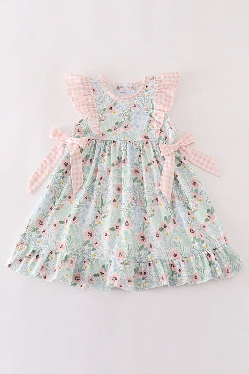 (Custom Design Preorder MOQ 5) Flowers Pink Plaid Print Girls Summer Knee Length Dress