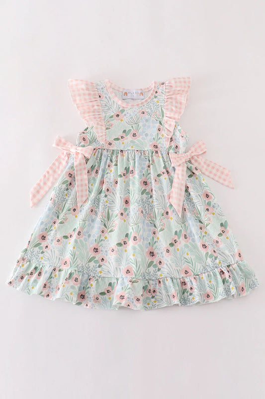 (Custom Design Preorder MOQ 5) Flowers Pink Plaid Print Girls Summer Knee Length Dress