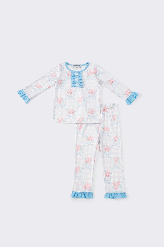 (Custom Design Preorder MOQ 5) Flowers Bows Print Girls Spring Pajamas Clothes Set