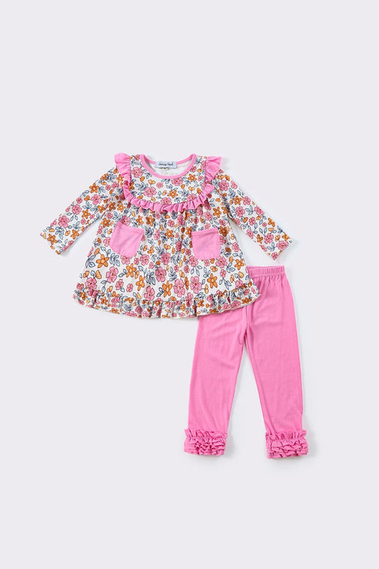 (Custom Design Preorder MOQ 5) Flowers Tunic Top Hotpink Pants Girls Spring Clothes Set
