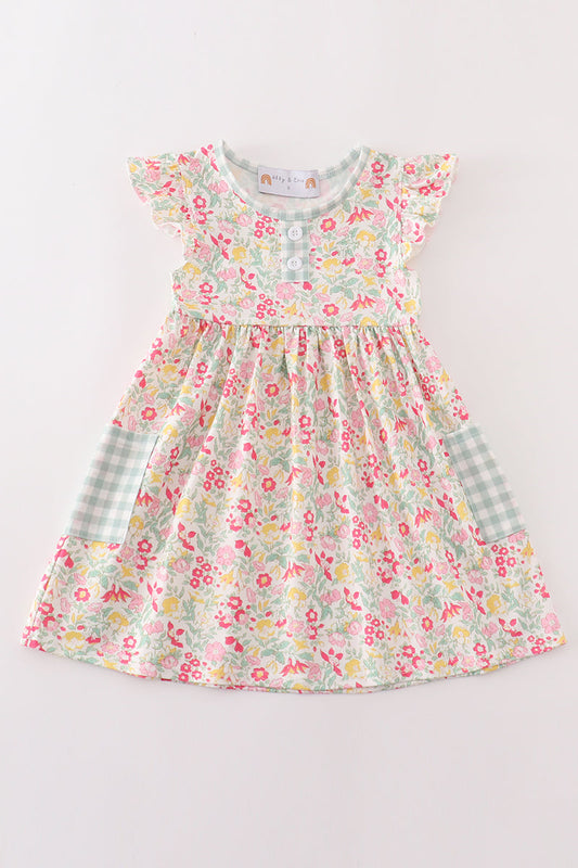 (Custom Design Preorder MOQ 5) Flowers Green Plaid Print Girls Summer Knee Length Dress