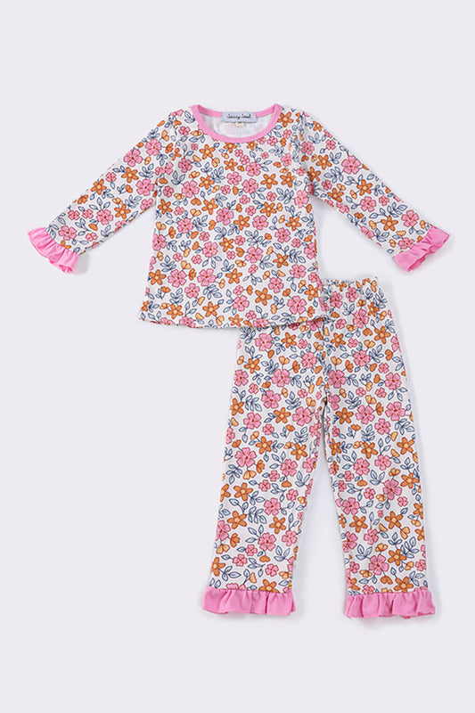 (Custom Design Preorder MOQ 5) Flowers Hotpink Print Girls Spring Pajamas Clothes Set