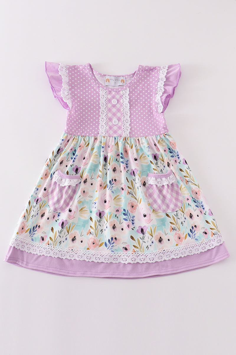 (Custom Design Preorder MOQ 5) Flowers Purple Plaid Print Girls Summer Knee Length Dress