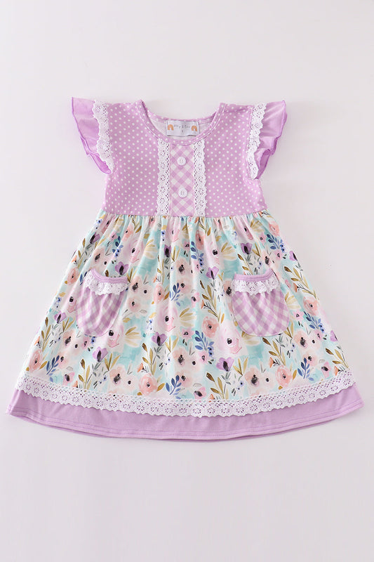 (Custom Design Preorder MOQ 5) Flowers Purple Plaid Print Girls Summer Knee Length Dress