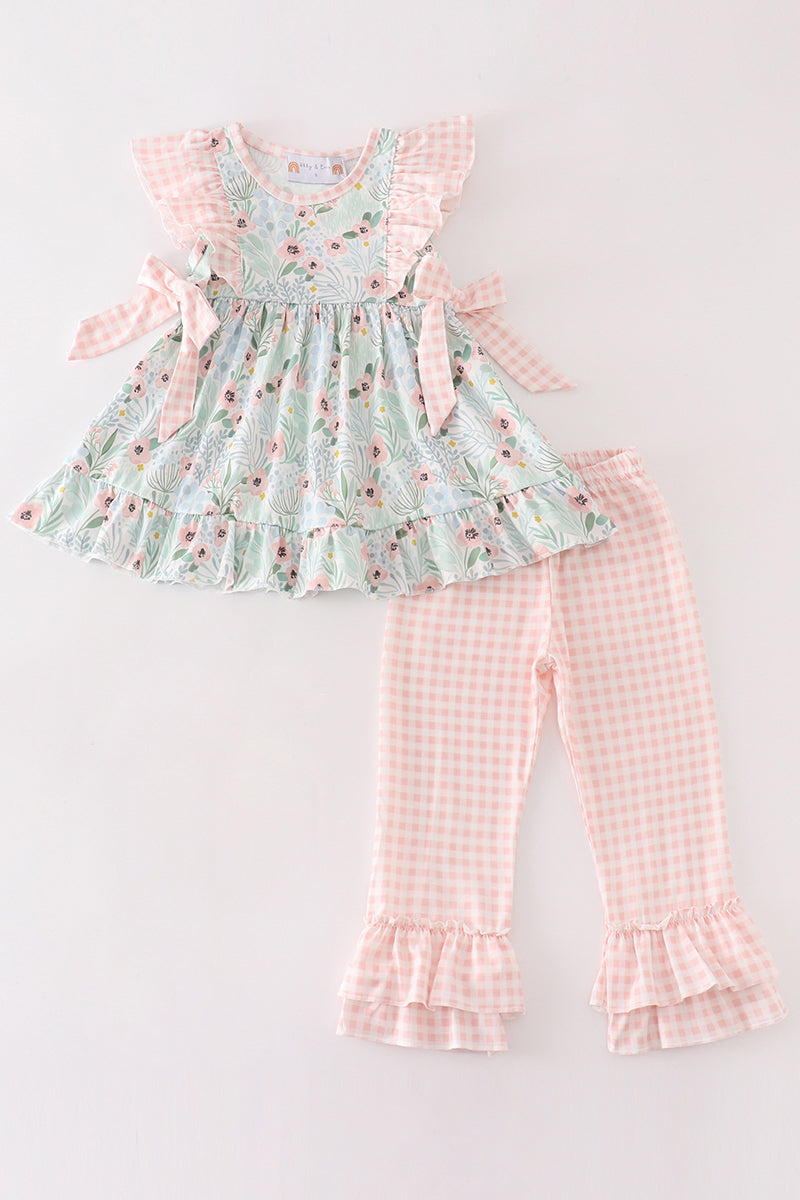 (Custom Design Preorder MOQ 5) Flowers Tunic Top Pink Plaid Pants Girls Spring Clothes Set