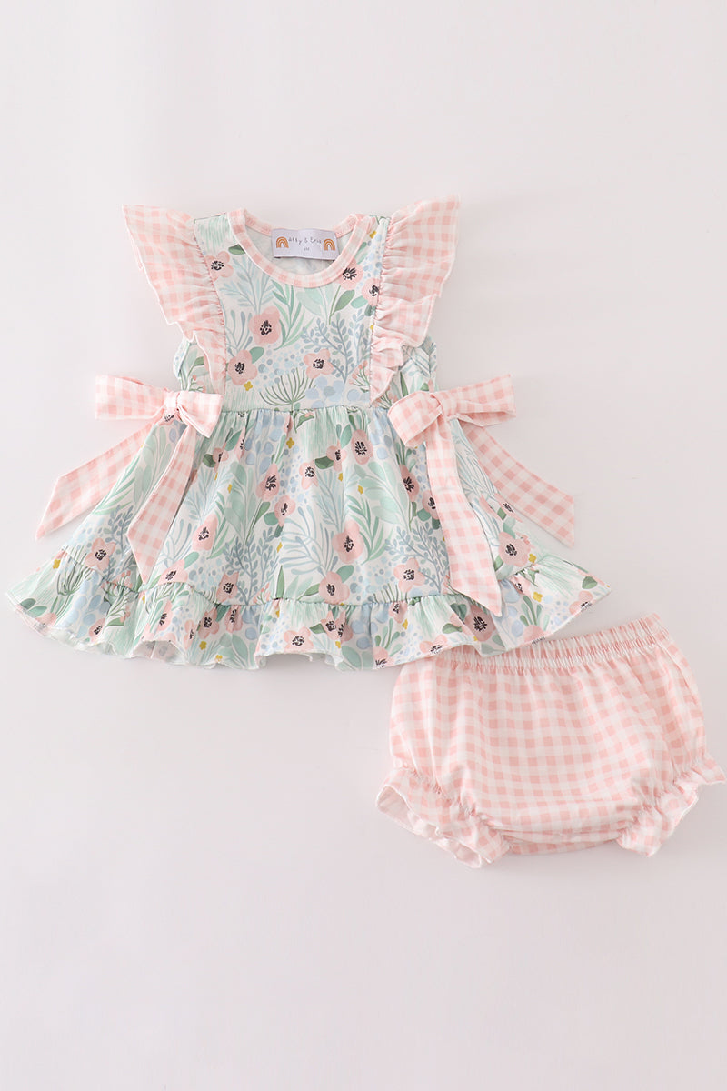 (Custom Design Preorder MOQ 5) Flowers Pink Plaid Print Baby Girls Summer Bummie Set