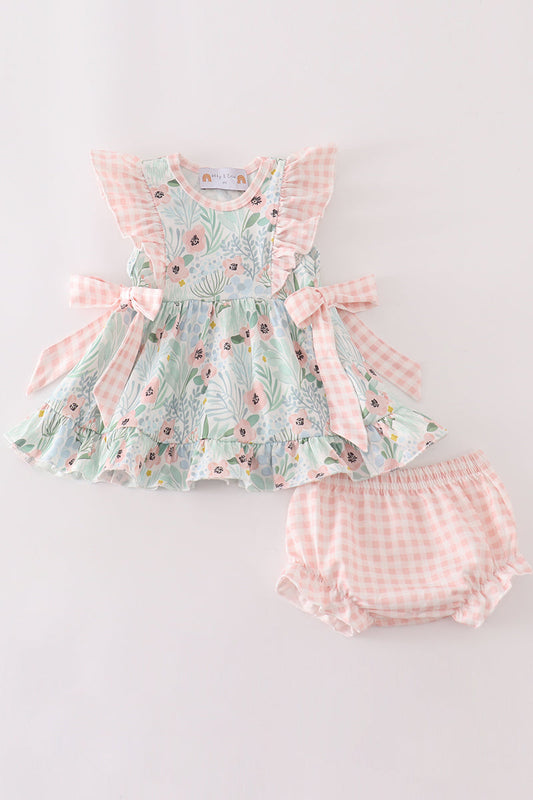(Custom Design Preorder MOQ 5) Flowers Pink Plaid Print Baby Girls Summer Bummie Set