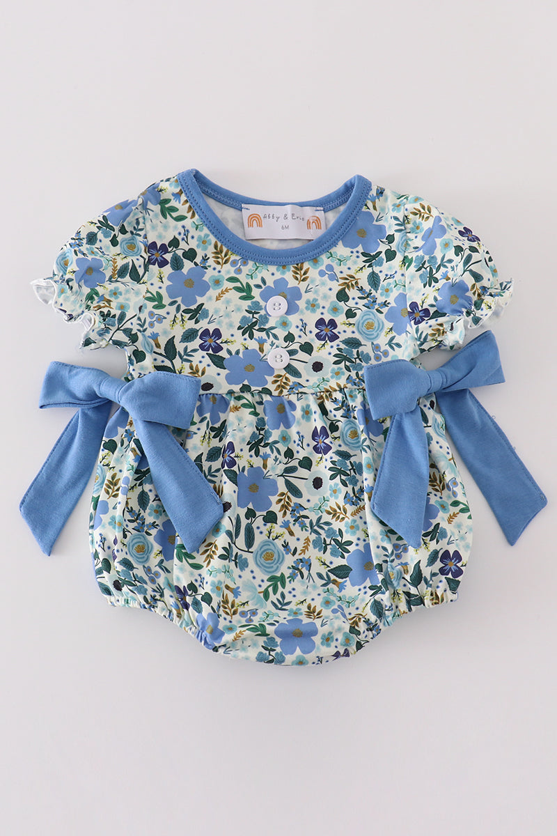 (Custom Design Preorder MOQ 5) Blue Flowers Print Baby Girls Spring Romper