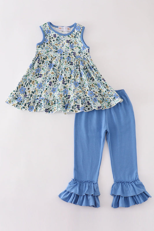 (Custom Design Preorder MOQ 5) Blue Flowers Tunic Top Ruffle Pants Girls Spring Clothes Set