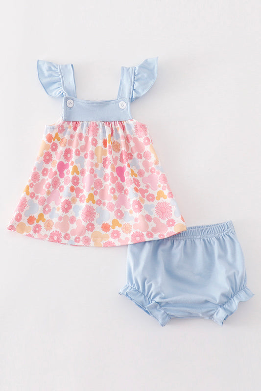 (Custom Design Preorder MOQ 5) Flowers Cartoon Mouse Print Baby Girls Summer Bummie Set