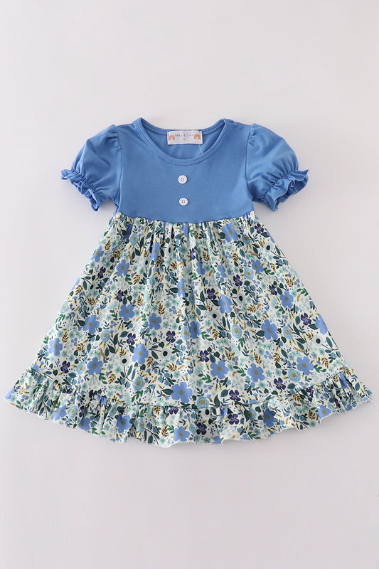 (Custom Design Preorder MOQ 5) Blue Flowers Print Girls Spring Knee Length Dress