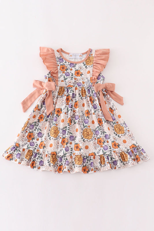(Custom Design Preorder MOQ 5) Orange Flowers Print Girls Spring Knee Length Dress