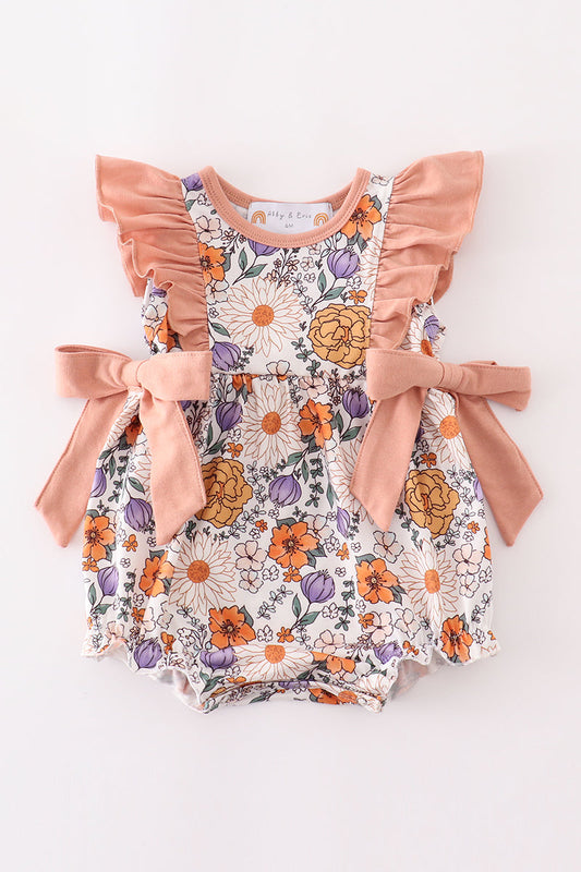 (Custom Design Preorder MOQ 5) Orange Flowers Print Baby Girls Spring Romper