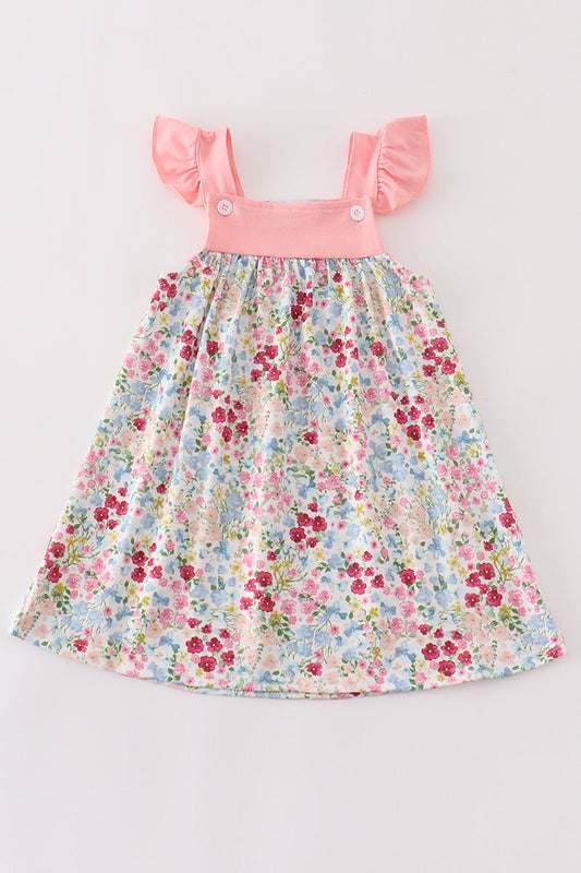 (Custom Design Preorder MOQ 5) Flowers Pink Print Girls Summer Knee Length Dress