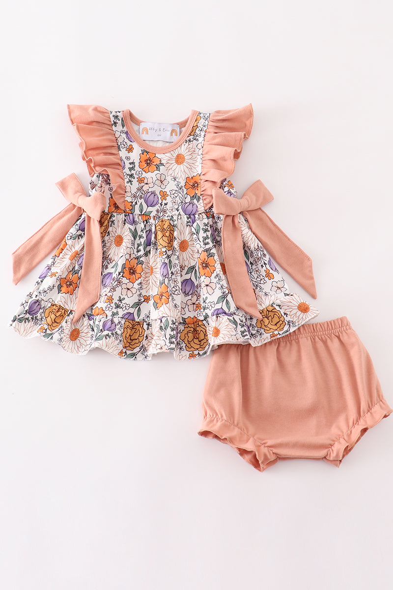 (Custom Design Preorder MOQ 5) Orange Flowers Print Baby Girls Spring Bummie Set