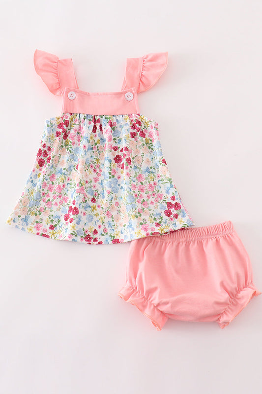 (Custom Design Preorder MOQ 5) Flowers Pink Print Baby Girls Summer Bummie Set