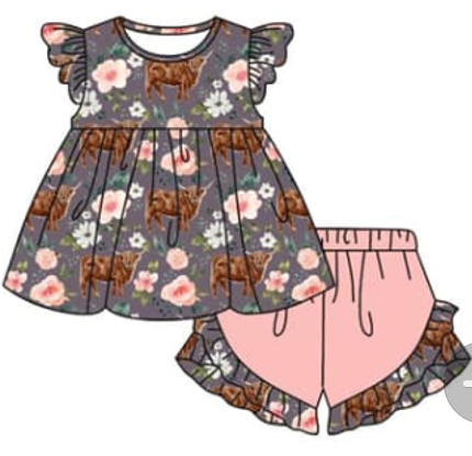 (Custom Design Preorder MOQ 5)  Highland Cow Flowers Print Girls Summer Clothes Set