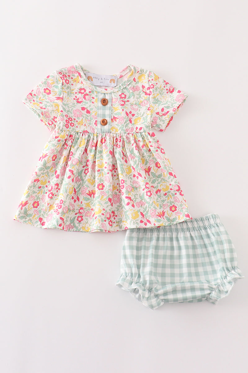 (Custom Design Preorder MOQ 5) Flowers Green Plaid Print Baby Girls Summer Bummie Set
