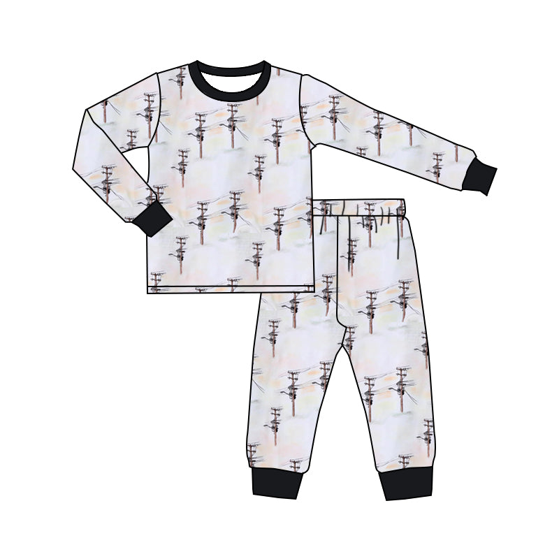 (Custom Design Preorder MOQ 5)  Utility Pole Print Kids Fall Pajamas Clothes Set