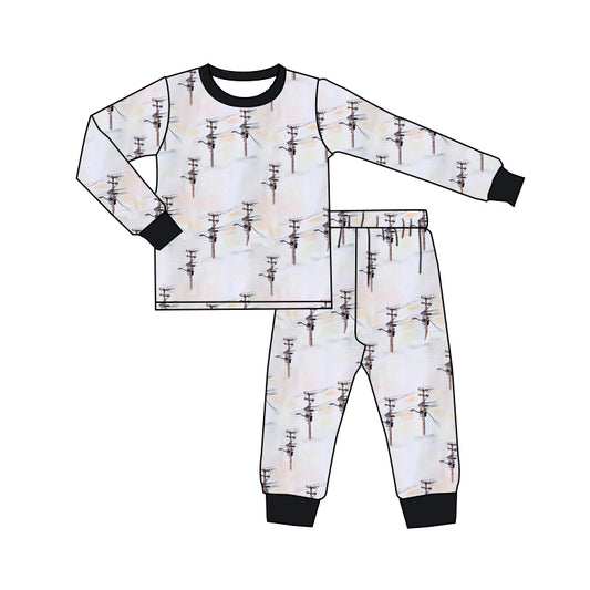 (Custom Design Preorder MOQ 5)  Utility Pole Print Kids Fall Pajamas Clothes Set