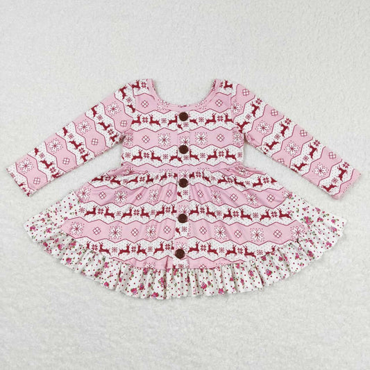 GLD0433 Pink Deer Print Girls Buttons Knee Length Christmas Dress