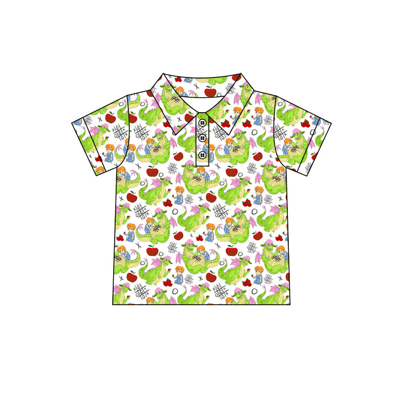 (Custom Design Preorder MOQ 5 ) Cartoon Dragon Green Print Boys Summer Polo Top