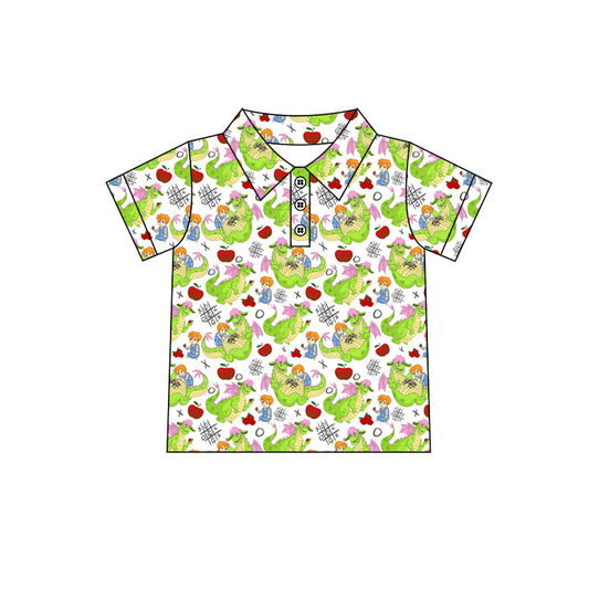 (Custom Design Preorder MOQ 5 ) Cartoon Dragon Green Print Boys Summer Polo Top