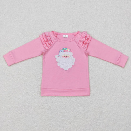 GT0369  Pink Santa Embroidery Print Girls Christmas Tee Shirt Top