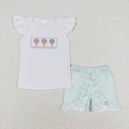 GSSO0981  Hot Air Balloons Embroidery Top Plaid Shorts Girls Summer Clothes Set