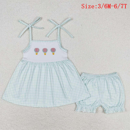 GSSO0982  Hot Balloons Embroidery Tunic Strap Top Plaid Shorts Girls Summer Clothes Set