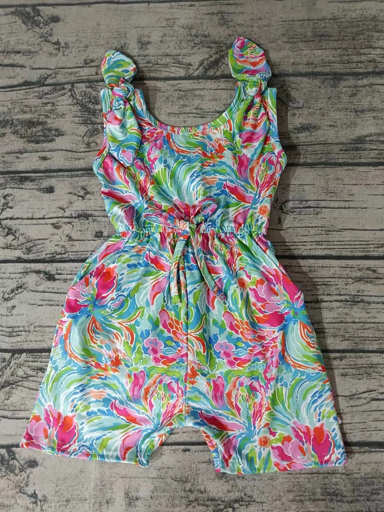 (Custom Design Preorder MOQ 5) Colorful Flowers Print Girls Summer Jumpsuits