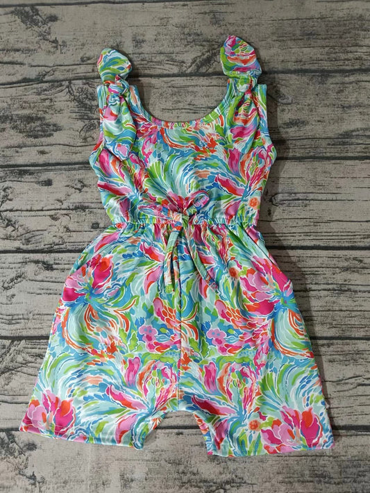 (Custom Design Preorder MOQ 5) Colorful Flowers Print Girls Summer Jumpsuits