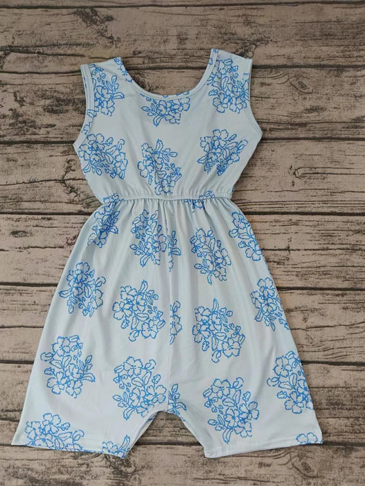 (Custom Design Preorder MOQ 5) Blue Flowers Print Girls Summer Jumpsuits