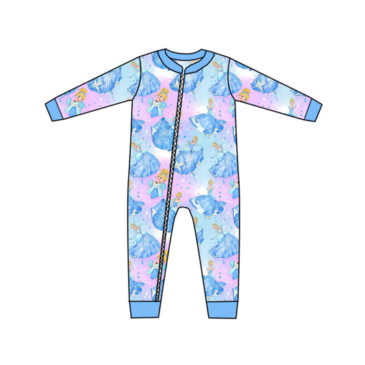 (Custom Design MOQ 5) Cartoon blue princess baby girls zipper romper