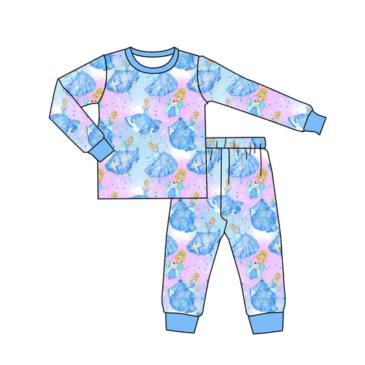 (Custom Design MOQ 5)  Cartoon blue princess kids pajamas